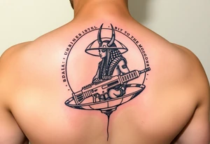 "Anubis in a ufo, holding a tommy gun. . Hieroglyph background spells 'BTC TO THE MOON'.  

Style: Art Deco meets cyber-Egyptian. Black/red/gold ink. Forearm sleeve." tattoo idea
