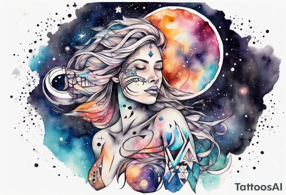 Across woman's chest Chest, Tribaltattoo design that depicts with tribal patterns, geometric swirls, watercolor style tattoo design, mesmerizing blend of vibrant watercolor splashes and cosmic elements like stars, and galaxies, dreamy and otherworldly effect, solar system,astronomy tattoo idea