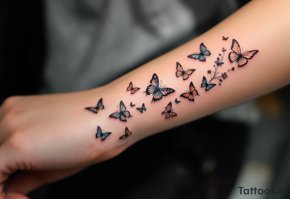Tattoo of about 10 butterflies that look realistic and different sizes spaced out between wrist and elbow with some flower or vine tattoo idea