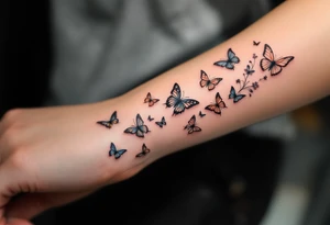 Tattoo of about 10 butterflies that look realistic and different sizes spaced out between wrist and elbow with some flower or vine tattoo idea