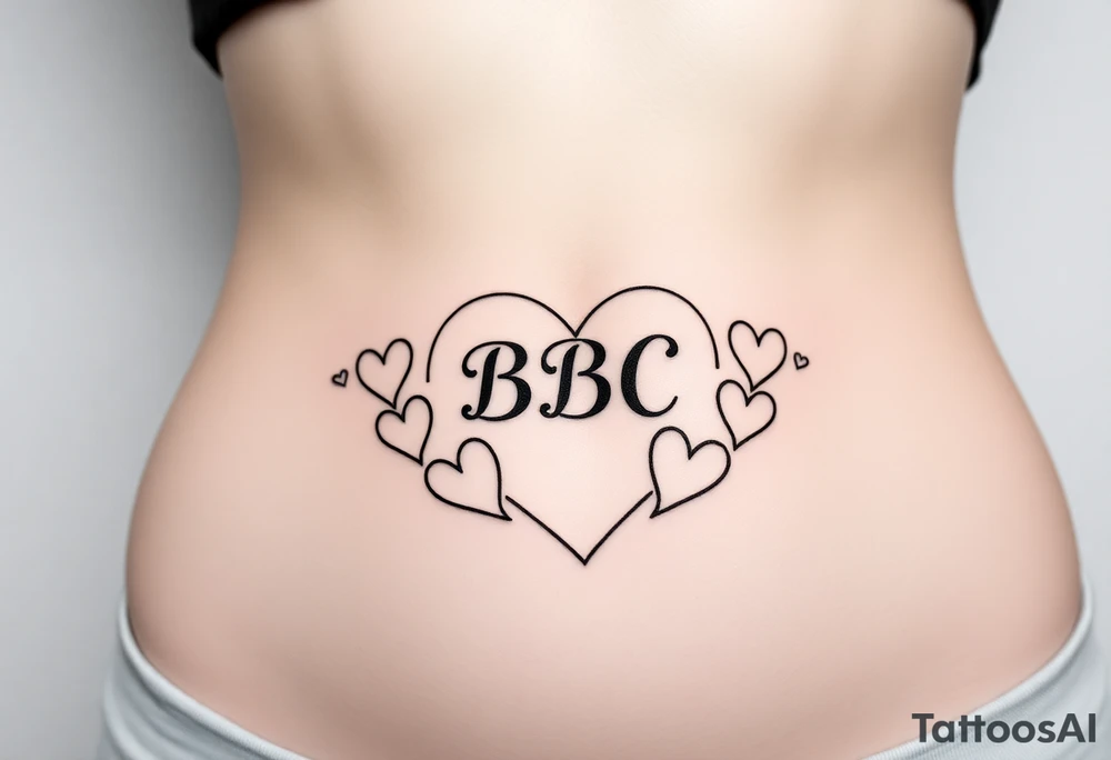 text reading "BBC" across a womb tattoo surrounded by hearts tattoo idea