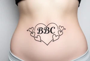 text reading "BBC" across a womb tattoo surrounded by hearts tattoo idea