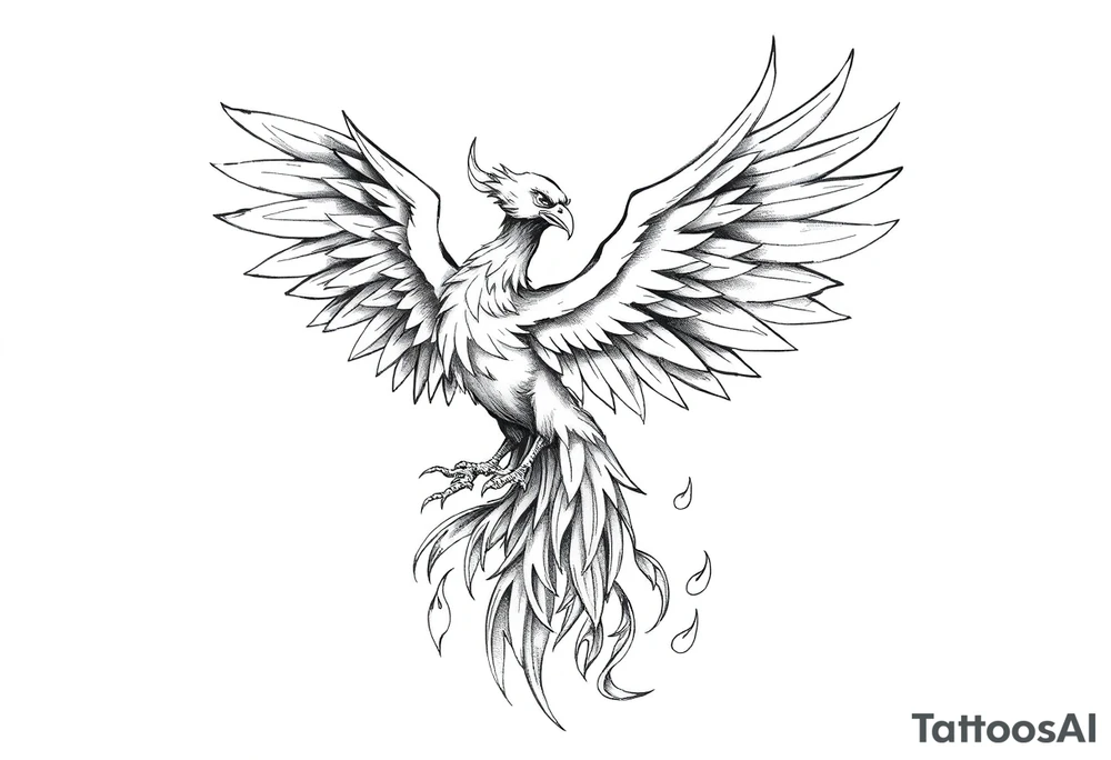 magnificent phoenix rising from golden flames with trailing embers tattoo idea