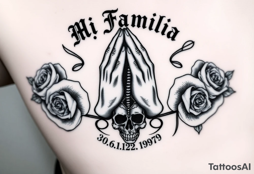 Black and grey gang style tattoo design. Centered praying hands with a rosary, surrounded by three realistic roses. Above the hands, gothic text saying 'Mi Familia'. Below each rose, a date in this order: '23.06.1980', '30.12.1946', '07.04.1979 . Add a crowned skull subtly in the background, symbolizing loyalty after death. Chicano tattoo style, fine shading, no color tattoo idea