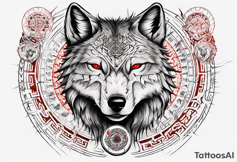 want a half sleeve on my left forearm featuring a side profile of wolf with a vegvisir for its pupil and red eye, surrounded by Māori patterns and Norse symbols tattoo idea