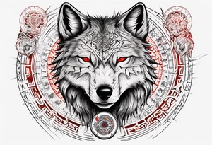 want a half sleeve on my left forearm featuring a side profile of wolf with a vegvisir for its pupil and red eye, surrounded by Māori patterns and Norse symbols tattoo idea