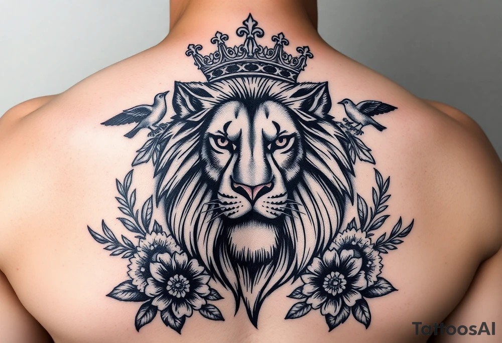 powerful majestic lion with a crown, surrounded by floral ornaments and birds tattoo idea