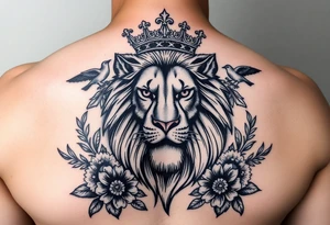 powerful majestic lion with a crown, surrounded by floral ornaments and birds tattoo idea
