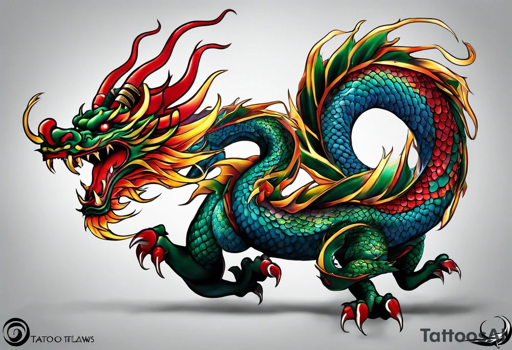 An epic floating asian dragon. Its long body coiling dynamically, with scales and horns detailed to create a sense of movement and strength. The dragon's color is giving a vibrant depth and a mystical aura. This tattoo highlights the dragon’s fierce expression and sharp claws. tattoo idea