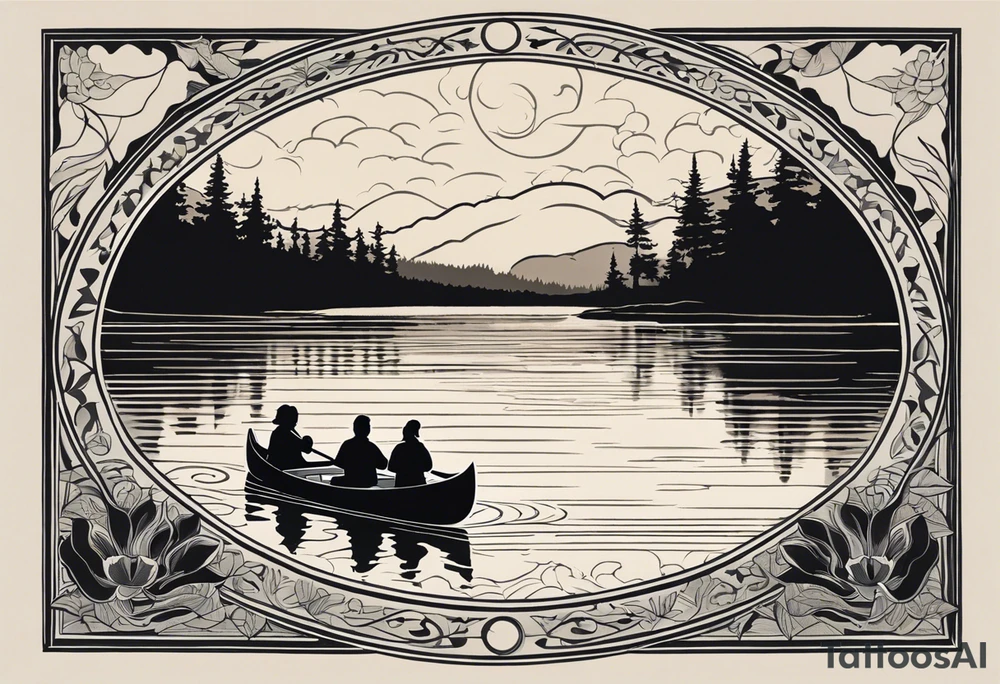 The tattoo design depicts a serene nature scene, framed within a semi-circular border. In the foreground, there are two people sitting in a canoe on a calm lake. They are paddling towards the horizon, with one person sitting at the back of the canoe and the other at the front. The back view of the people suggests a peaceful and contemplative moment shared between them.

In the background, there are majestic mountains with peaks covered in snow, creating a dramatic and picturesque landscape. The mountains are flanked by tall pine trees on either side, adding to the wilderness feel of the scene. Above the mountains, a large sun is either rising or setting, casting a tranquil glow over the entire scene. Birds are flying in the sky, adding to the sense of freedom and natural beauty.

The entire scene is rendered in a minimalist, black and white, line-drawing style, giving it a clean and elegant appearance. The semi-circular frame around the design focuses attention on the central elements and adds a sense of completeness to the image. black and white tattoo idea