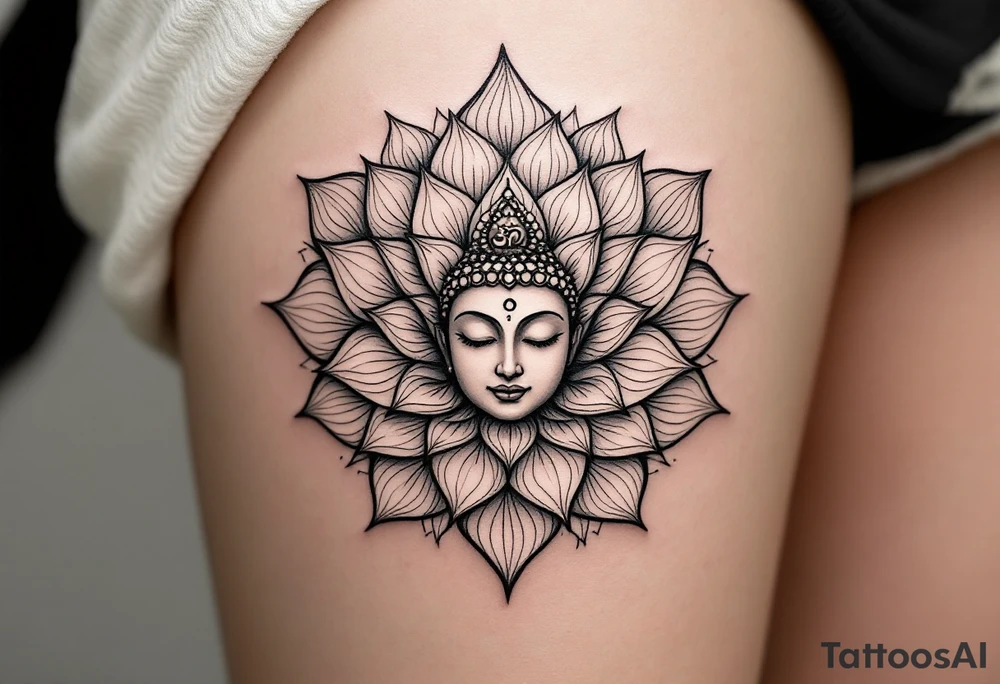 "Sacred Circle of the Lotus" – A delicate lotus flower in a circular shape, with the petals soft and flowing outward. In the center, a subtle Buddha's face or a small Om symbol to represent inner peace and enlightenment. tattoo idea