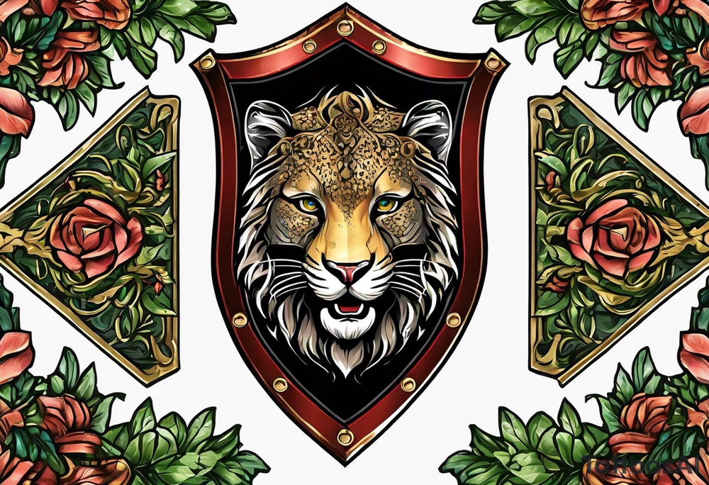 A shield with leopar head as shield's emblem. The shield would be hang on a ivy planted wall tattoo idea