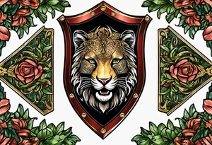 A shield with leopar head as shield's emblem. The shield would be hang on a ivy planted wall tattoo idea