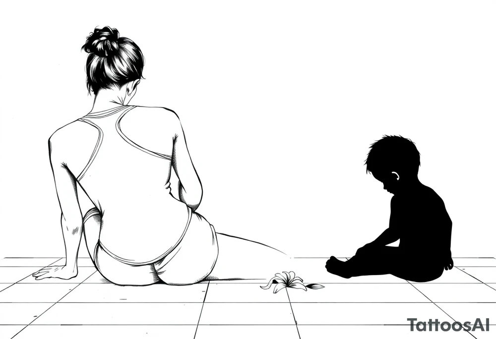 a tile floor with a minimalist realistic silhouette of the back of a thin woman sitting curled on the tile floor and a black silhouette of a young child sitting next to her with a lily next to them on the floor. The woman is wearing a Racerback tank top, running shorts, has dark hair pulled up high, and her head is down. tattoo idea
