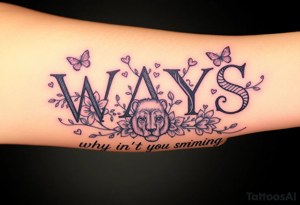 W.A.Y.S spelled out with why aren’t you smiling under neath it with flowers, butterflies and hearts with 444 and a lion tattoo idea
