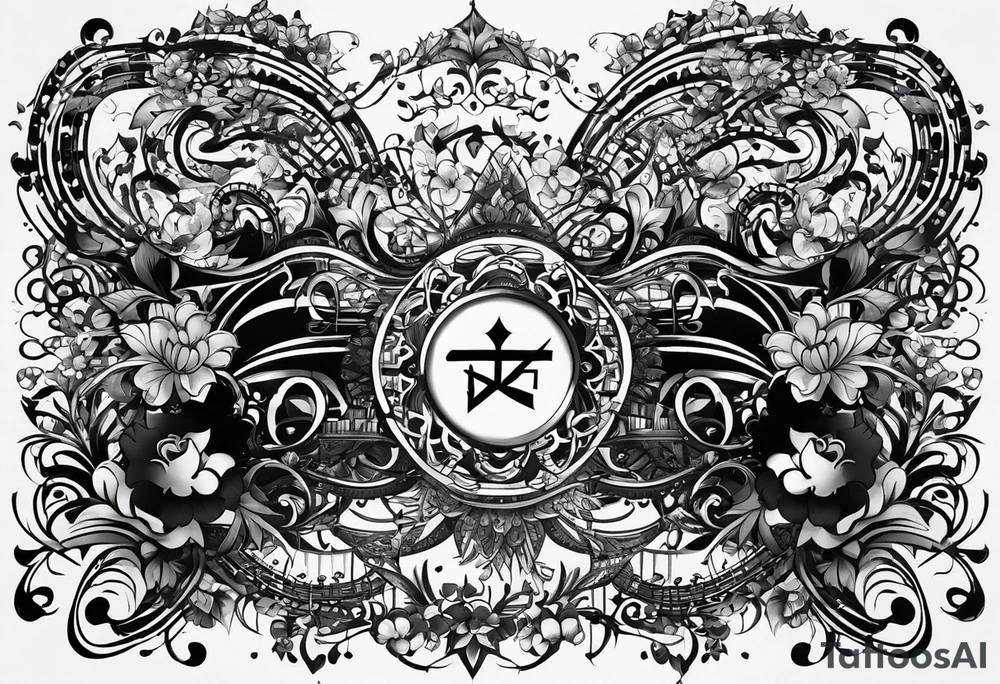 Armband tattoo, combining:
music notes, this text: タランチュラ, digits.
Add detailed patterns and air-like effects tattoo idea