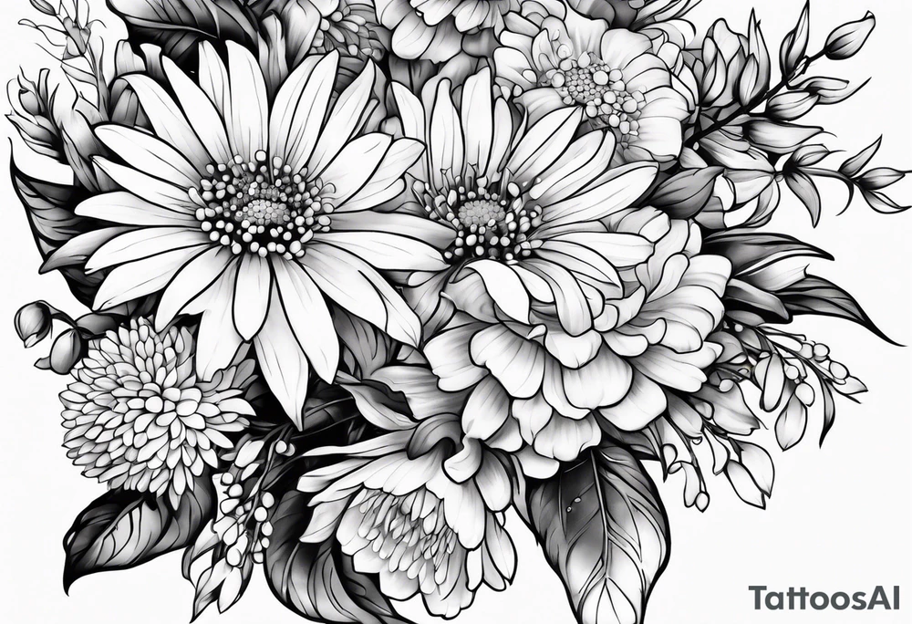 Asters, roses, lily of the valley, and chrysanthemums sleeve tattoo idea