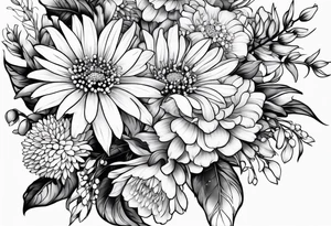 Asters, roses, lily of the valley, and chrysanthemums sleeve tattoo idea