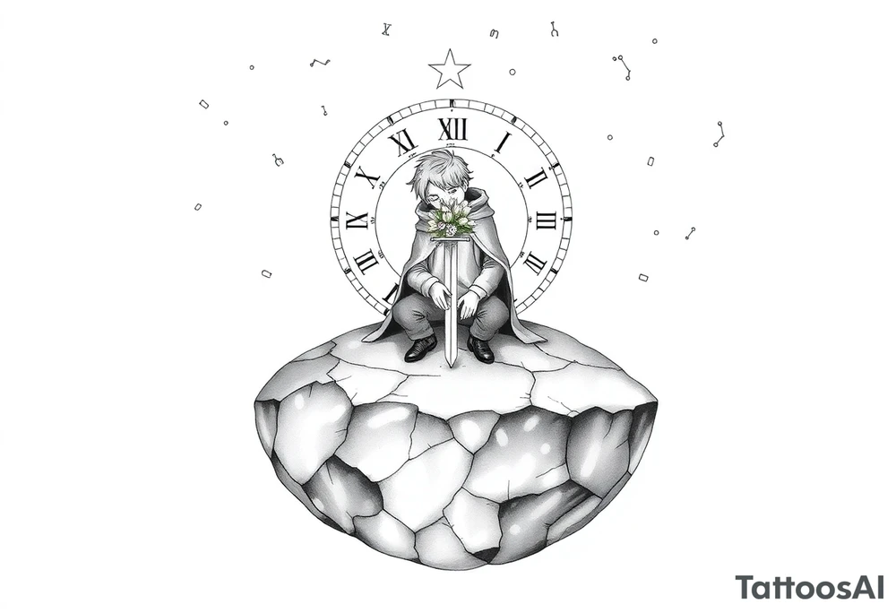 A reimagined masculine version of The Little Prince sitting on a cracked, floating planet. He has a calm,  wearing a slightly worn cloak. Behind him floats a broken clock with exposed gears, representing anxiety and overthinking. Instead of a rose, a flower wraps around a sword stuck into the ground—symbolizing love and emotional struggle. A glowing star burns in his chest, symbolizing inner strength and controlled passion. Around him are small floating fragments, like puzzle pieces or mechanical parts—representing deep thought and attention to detail. The sky shows incomplete constellations, symbolizing the search for connection and meaning. Style: fine line with surrealist touches, black and grey, minimalist shading. tattoo idea