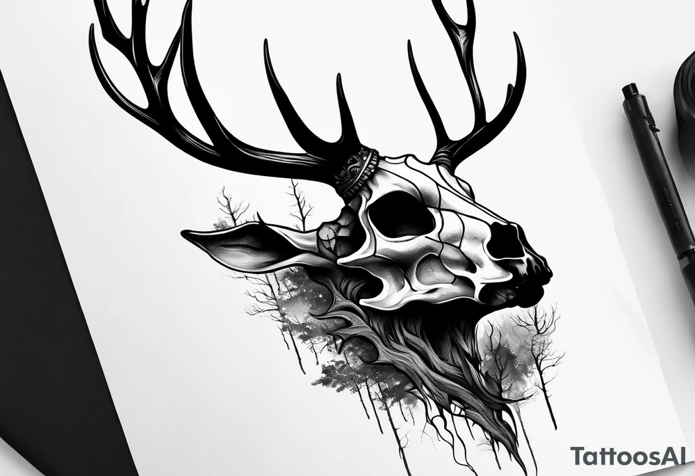 A side profile of decayed deer skull in a forest fire tattoo idea