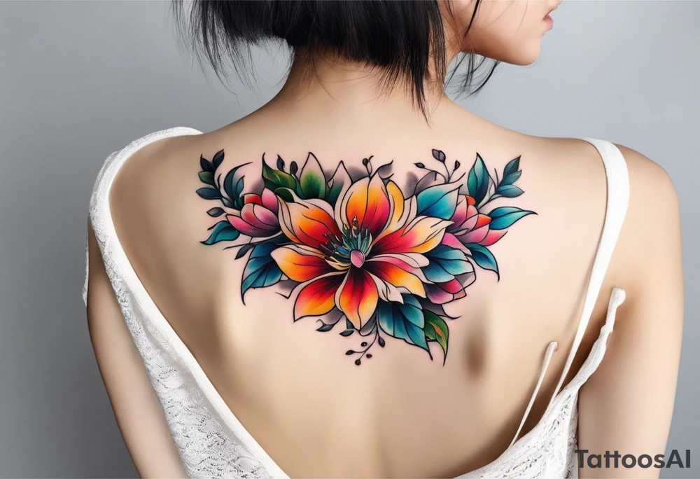 Collarbone tattoo of bright colorful flowers tattoo idea