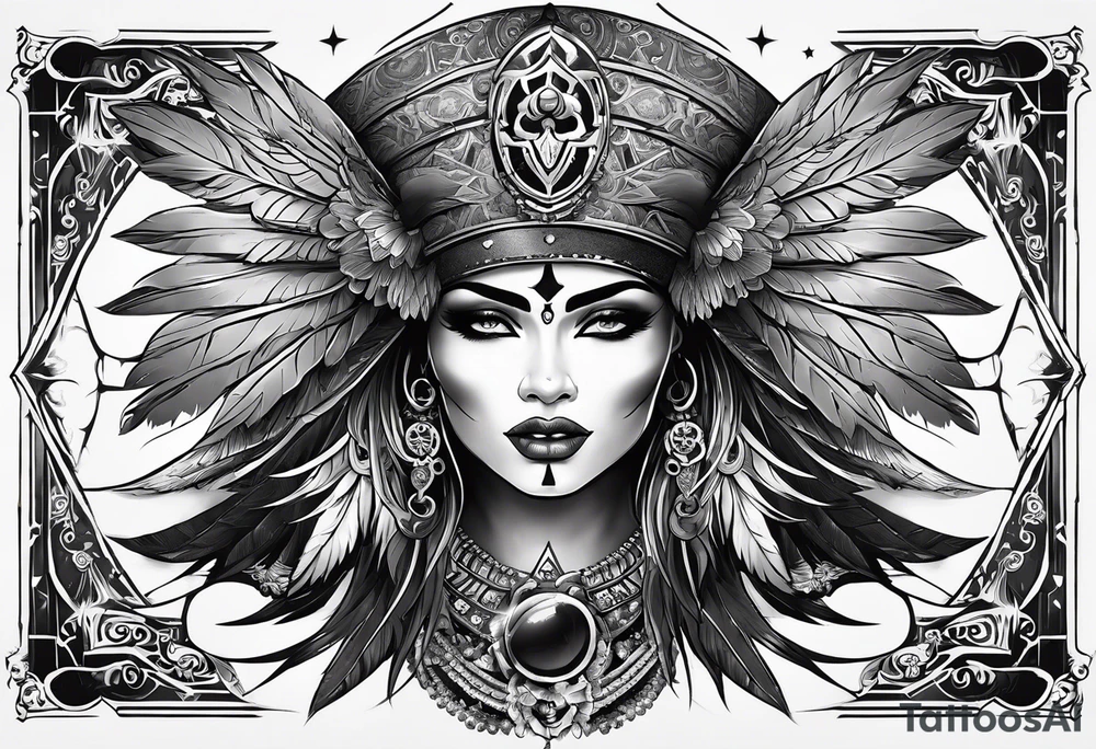black kali, goddess pirate, alien, pachamama, valkrye, warrior, skull, lotus azul, wing, eagle, zenza resonance, stars, 5D tattoo idea