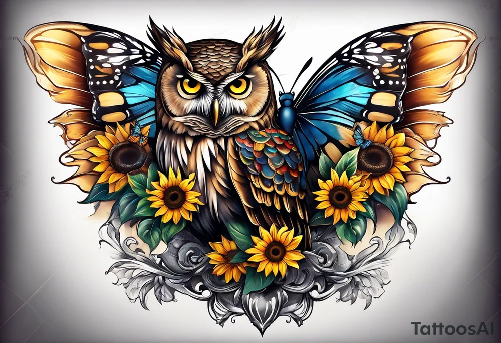 Owl with butterfly and sunflower tattoo idea
