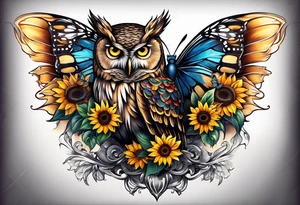Owl with butterfly and sunflower tattoo idea