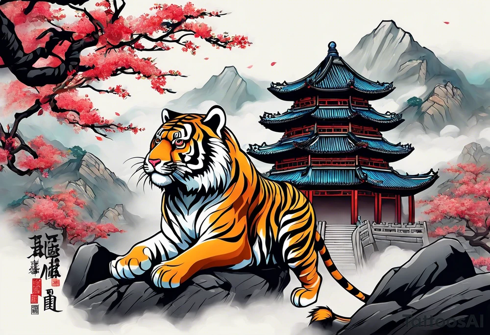 In English:

Create for me a tattoo in the Chinese style featuring a tiger, a rat, a snake, the Great Wall of China, and a temple. tattoo idea