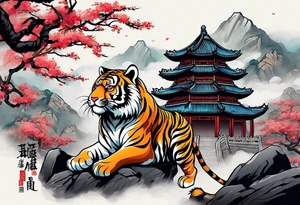 In English:

Create for me a tattoo in the Chinese style featuring a tiger, a rat, a snake, the Great Wall of China, and a temple. tattoo idea
