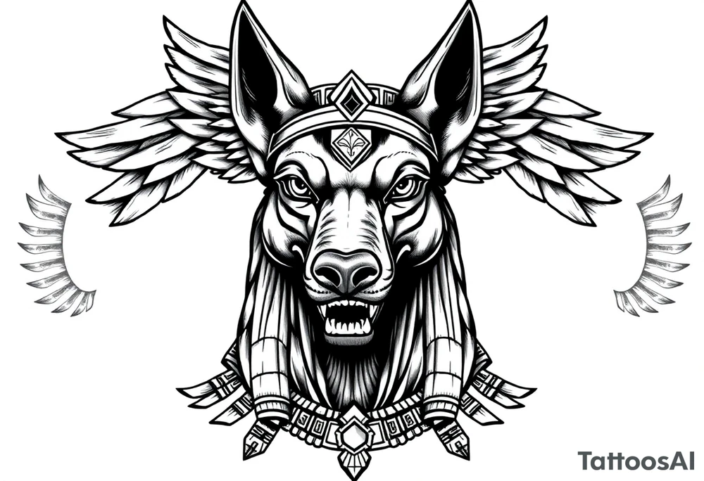 Egyptian Anubis god face muscle in Egypt style  with mantle on head

dog face surrounded Egyptian symbols based on elements tattoo idea