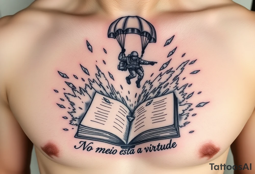 A parachuting soldier landing into an open book. Chaos surrounding, but the book is protecting the soldier from it. On the chest. Make it smaller. Make it thought provoking. "No meio esta a virtude" underneath the book. Make the chaos in the environment be a windstorm tattoo idea