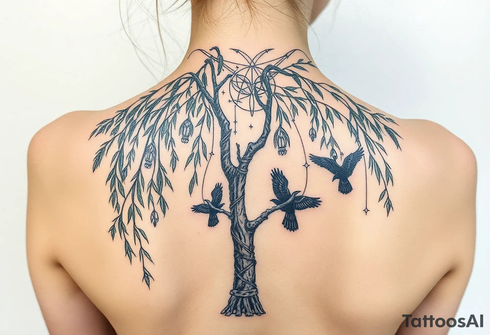 Weeping willow with starry sky background with zodiac constellations in it with runes and ravens tattoo idea
