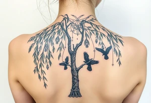 Weeping willow with starry sky background with zodiac constellations in it with runes and ravens tattoo idea