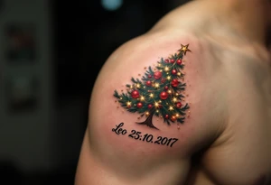 Leo 25. 10. 2017 – A red, green, and gold Christmas tree adorned with tiny sparkling lights, with Leo's birthdate below in elegant silver script. tattoo idea