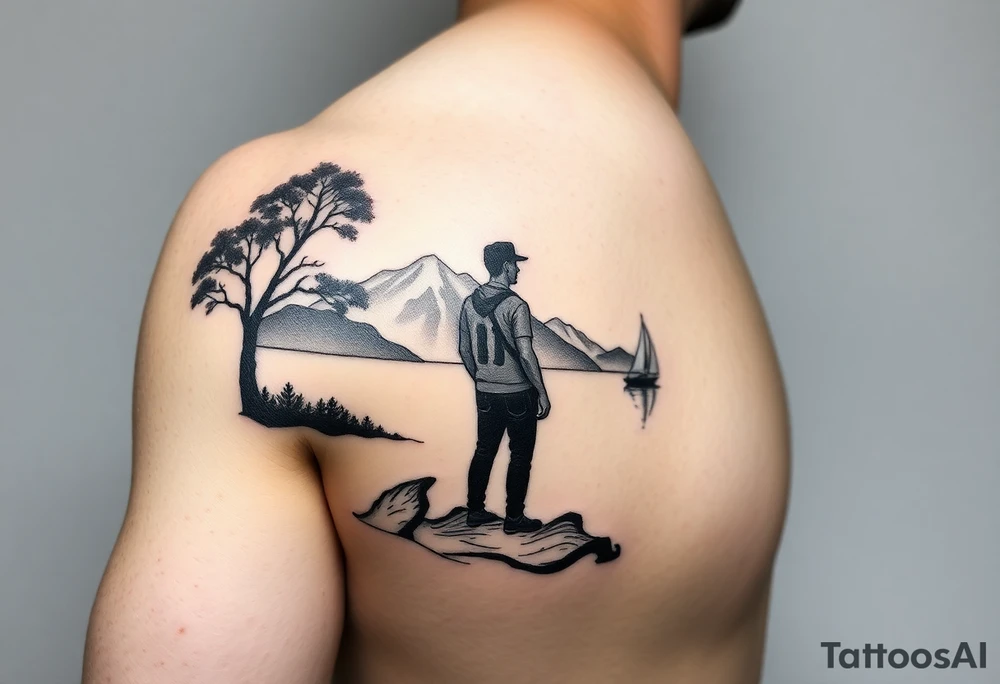 I want a minimalist design that will go on my right bicep, of a man's silhouette of a man on a shoreline, with a tree to his left, looking out at mountains in the distance, and a sailboat in the foreground.  but I want this around the arm, elbow and bicep area tattoo idea