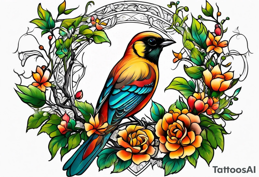 Fine line birds and vines tattoo idea