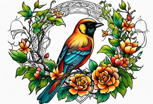 Fine line birds and vines tattoo idea
