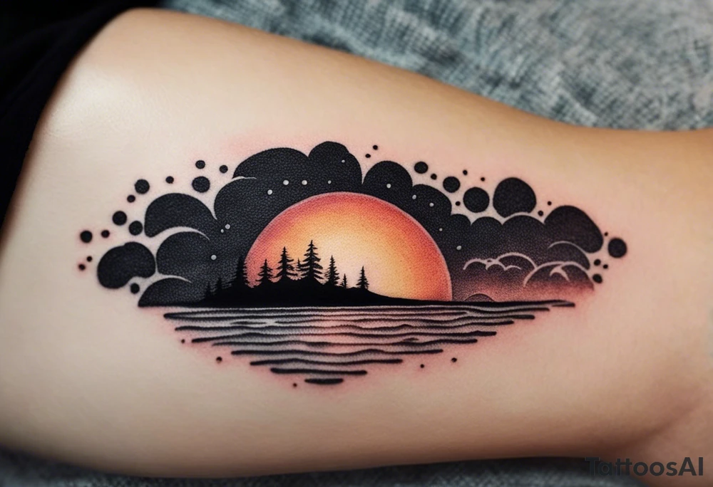 This tattoo needs to be incredibly simple and minimal. It's a sunset from the perspective of being on a boat on the ocean. The waves are very calm and there is no land in site. There are slight reflections of the sun on the water. The tattoo will be in landscape orientation. Mostly black with small splashes of color from the sun. There should be no objects in the tattoo besides the sun, water, and maybe some clouds and a bird or two. No land or boats. tattoo idea