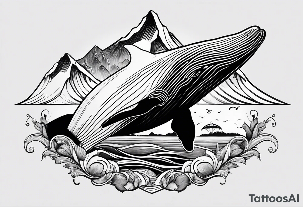 humpback whale with a mountain scene drawn on its tail tattoo idea