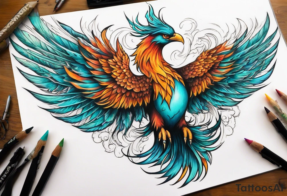 Proud Strong phoenix with turquoise ends of flames of wings tattoo idea