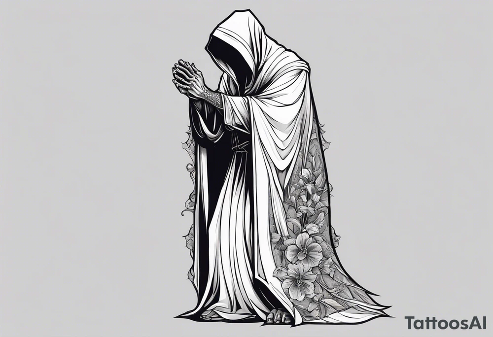 The grim reaper standing from a side profile praying with a Rosery wrapped around his hands tattoo idea