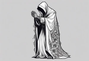 The grim reaper standing from a side profile praying with a Rosery wrapped around his hands tattoo idea
