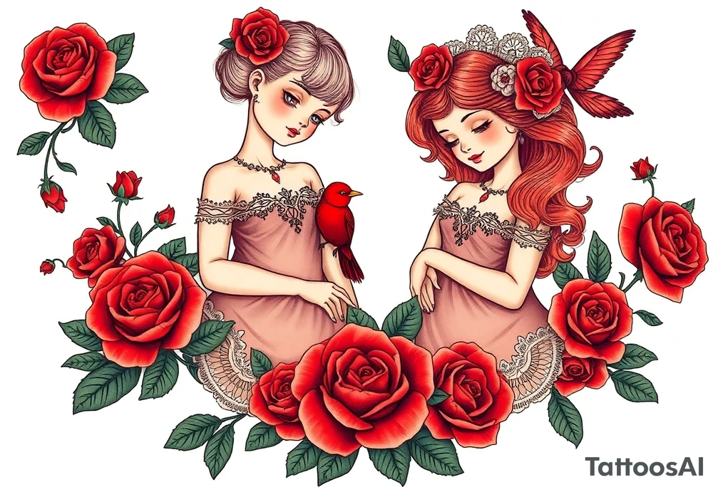 Vintage dollies, red roses, lace, red bird, vintage, wrap around, tighter together, no space open, no woman tattoo idea