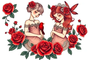 Vintage dollies, red roses, lace, red bird, vintage, wrap around, tighter together, no space open, no woman tattoo idea