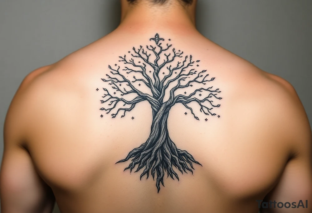 mystical tree of life with cosmic roots and celestial branches tattoo idea