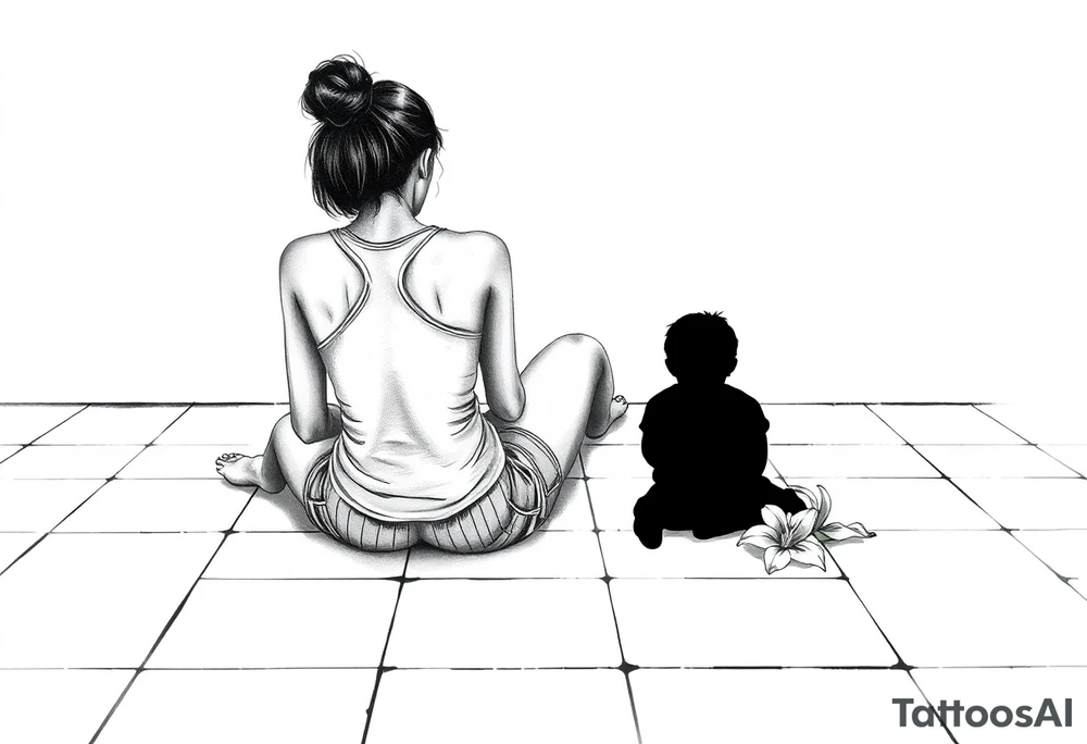 a tile floor with a realistic silhouette of the back of a thin woman sitting curled on the tile floor and a black silhouette of a young child sitting next to her with a lily next to them on the floor. The woman is wearing a Racerback tank top, running shorts, has dark hair pulled up high, and her head is down. tattoo idea