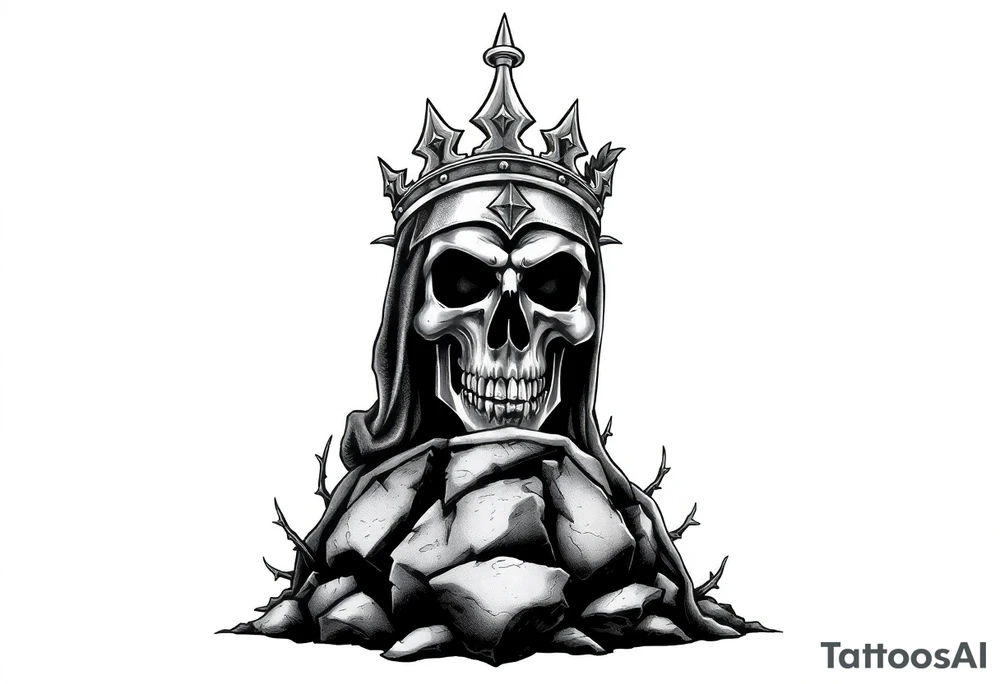 A crowned skull or warrior rising from a stone barrow, cloaked in shadows and thorns. tattoo idea