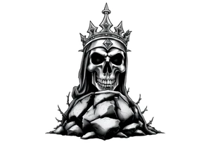 A crowned skull or warrior rising from a stone barrow, cloaked in shadows and thorns. tattoo idea