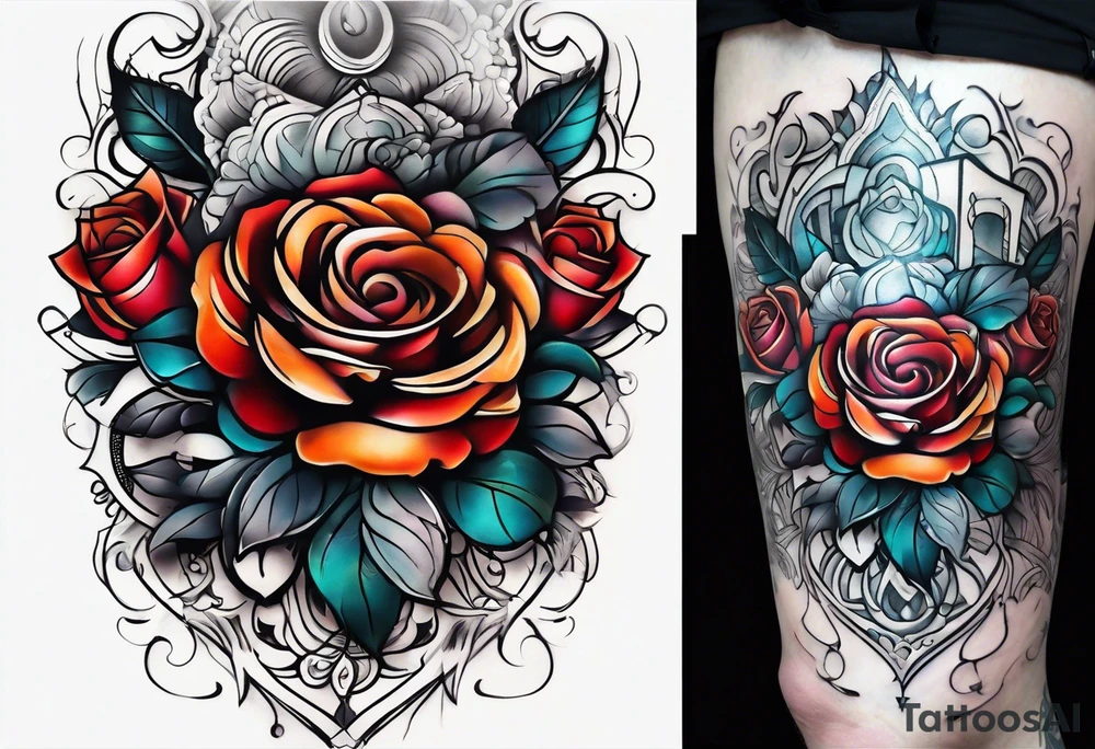 front knee tattoo based on Mike Rubendall with roses, water, flowers, background wash tattoo idea